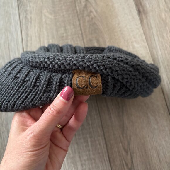 C.C Cable Knit Soft Stretch Gray Beanie with Brim - Picture 3 of 9